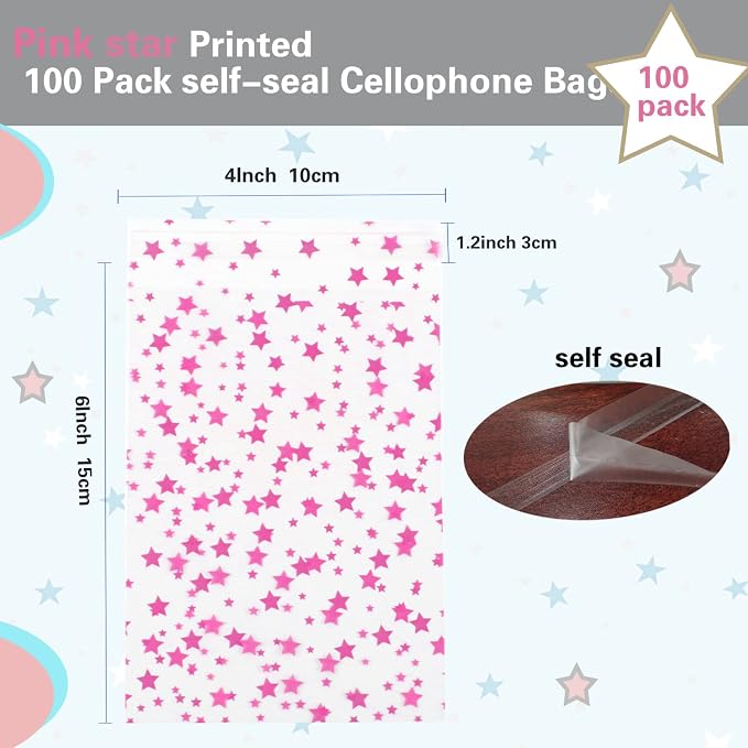 COQOFA 100 Pcs Star Printed Sealable Gift Wrap Cello Cellophane Bags Self - Image 2