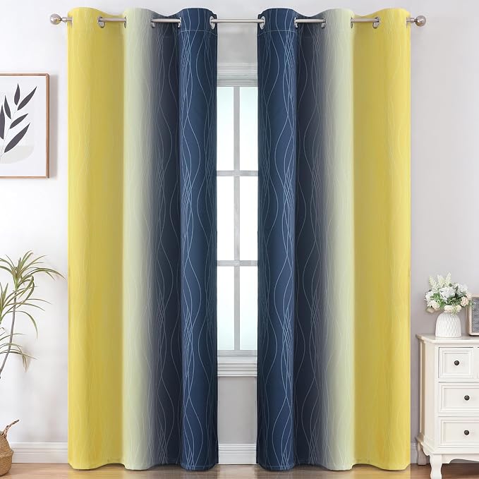 Yellow and Navy Blue Ombre Blackout Curtains - Image 2