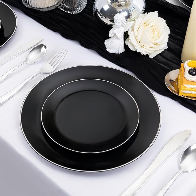 bUCLA 100PCS Black Plastic Plates - Heavy Duty Black Disposable with Silver Rim Include 50 Each (10 inch Dinner & 7 inch Dessert) Plates, Ideal for Party & Halloween