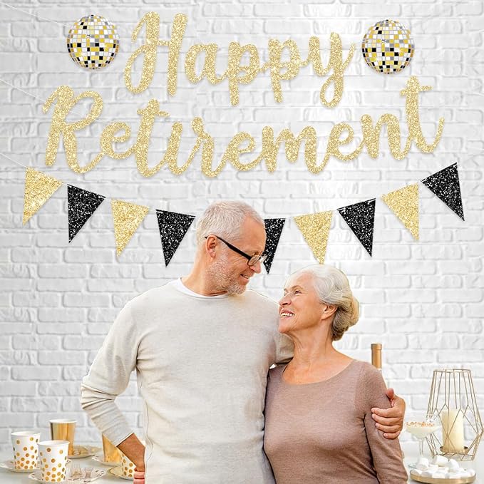 Pre Strung Happy Retirement Banner Party Decorations Gold Black Glitter Sign - Image 2