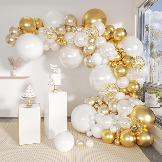 143 Pack Gold White Champagne and Pearl Balloons Garland & Arch Kit-Small and by MOXMAY