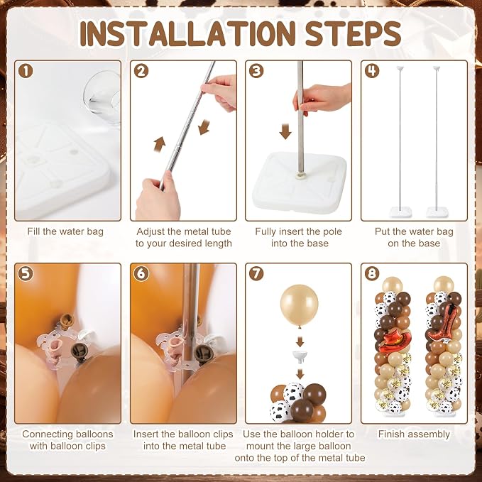 Skylety 2 Sets Western Balloon Column Stand Kit Cowboy Brown Cow Print Balloon - Image 3