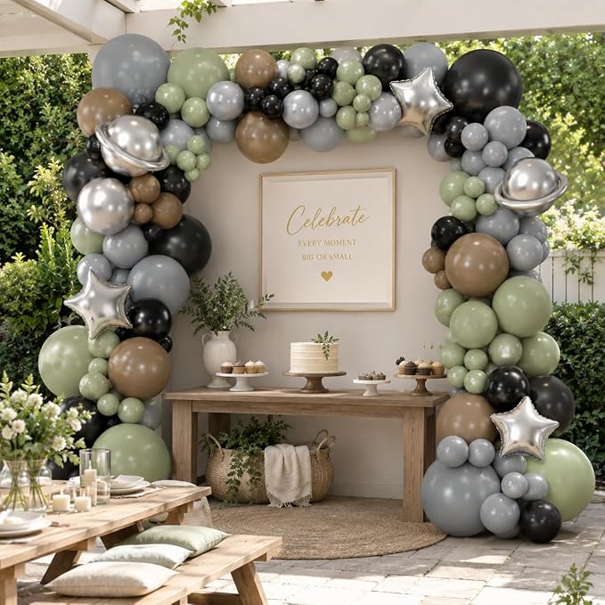 Green Gray Balloon Arch Kit, Sage Green Gray Brown Metallic Silver Balloons - Image 6