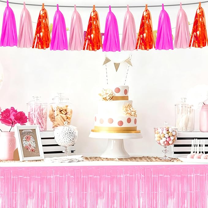 3P Hot Pink Orange LightPink Tassel Banner Garland Foil Fringe Tinsel Streamer - Image 6