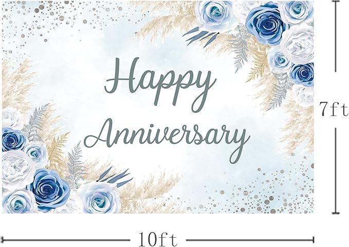 MEHOFOND Boho Happy Anniversary Backdrop Blue Floral Bohemia Pampas Grass - Image 4