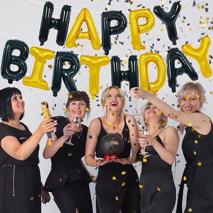 TONIFUL 16 Inch Black Gold Happy Birthday Balloons Banner Decor - Image 5