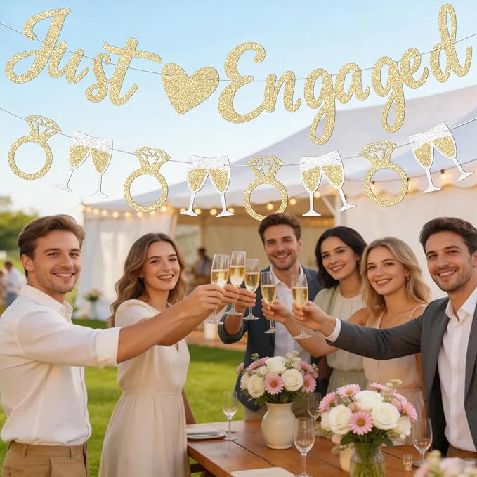 Champagne Gold Just Engaged Banner Prestrung Engagement Party Decorations Happy - Image 7