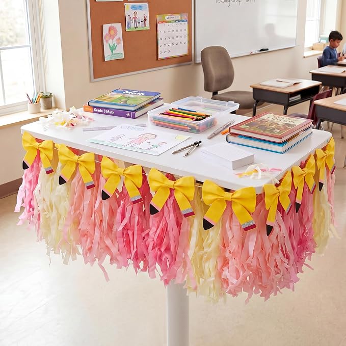2 Pcs Teacher Table Skirt Desk Garland Decor | Pencil Bow, Standing Rolling Desk by Wavyknot