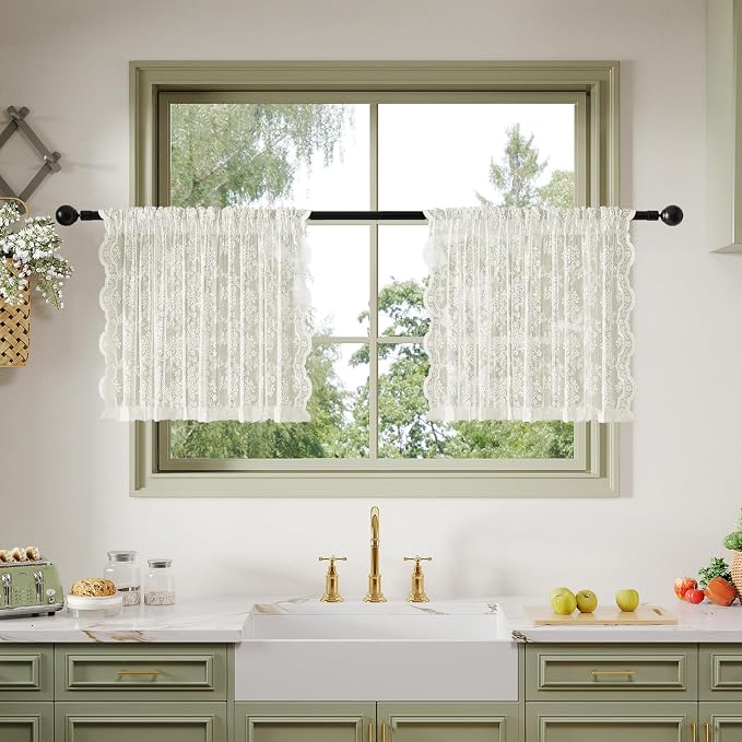 Anmao Vintage Lace Kitchen Curtains 24 Inches Long 2 Panels, Romantic Semi by Anmao