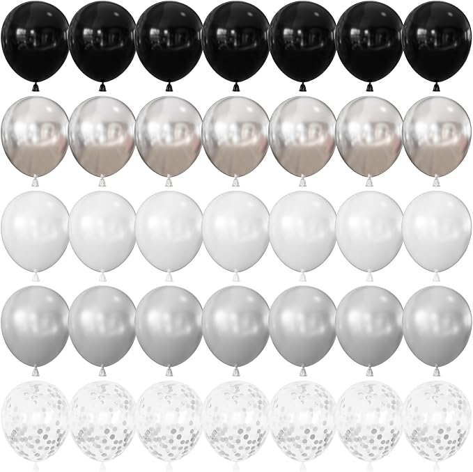 Black and Silver Balloons, Glitter Confetti Latex Balloon by Adeyoo