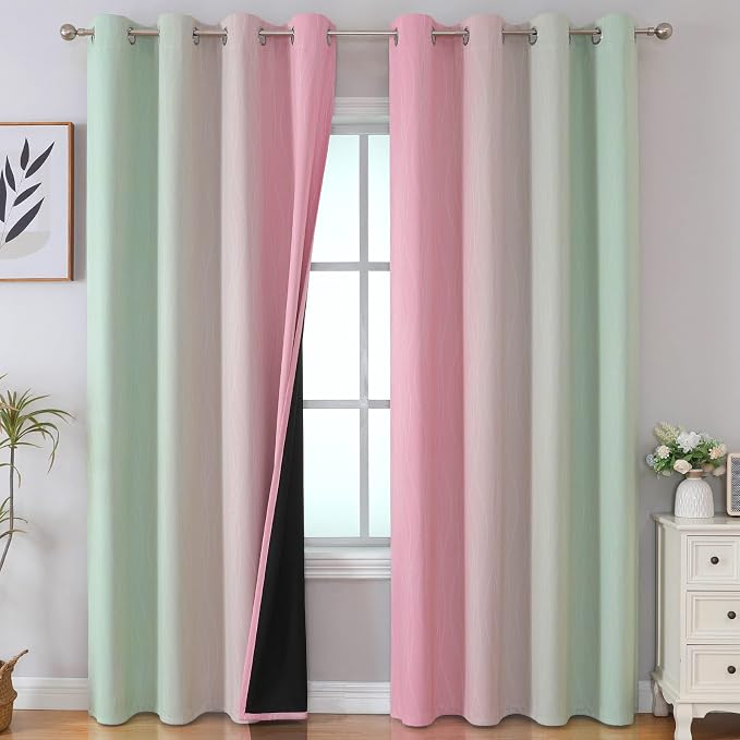 Sage Green and Pink Ombre Blackout Curtains 96 Inches Long by ESTELARTEXTILER