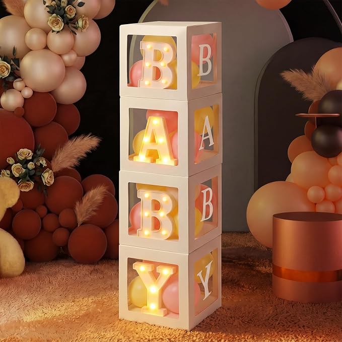 Baby Balloon Boxes with B, Y Light up Letters 4 White Transparent Square Boxes by Resholder