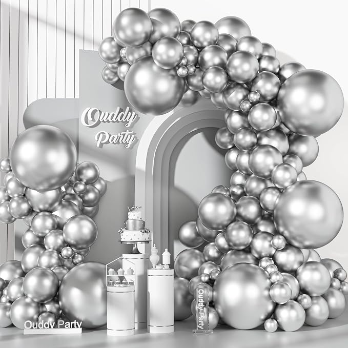 Ouddy Party 129Pcs Metallic Silver Balloons Different Sizes 18 12 10 5 Inch by OuddyParty