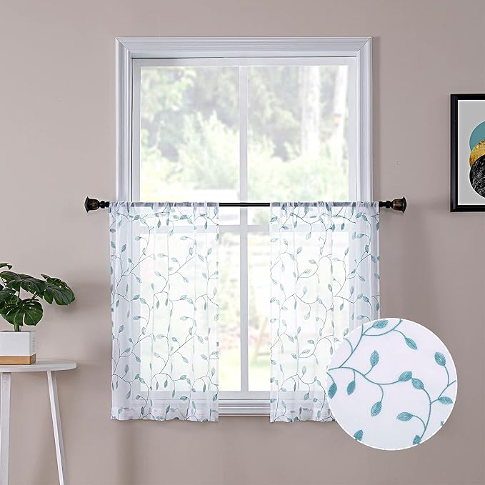 Tollpiz Leaves Sheer Tier Curtain Teal Blue Leaf Embroidery Kitchen Half by Tollpiz