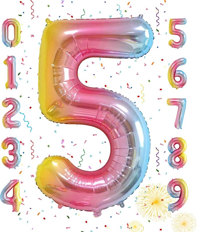 40 Inch Number Balloons 0-9 Rainbow Gradient Large 5 Balloons, Digital Balloons by Smlpuame