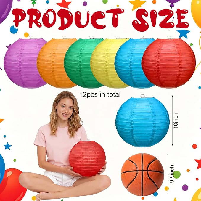 12 Pcs 10 Inch Hanging Paper Lanterns Party Decorations Colorful Rainbow - Image 3