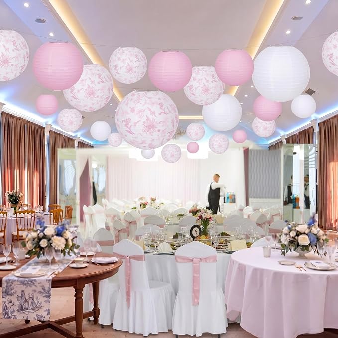 Riakrum 18 Pcs Floral Paper Lantern Set 10" 8" Pink and White Flower Chinese - Image 4