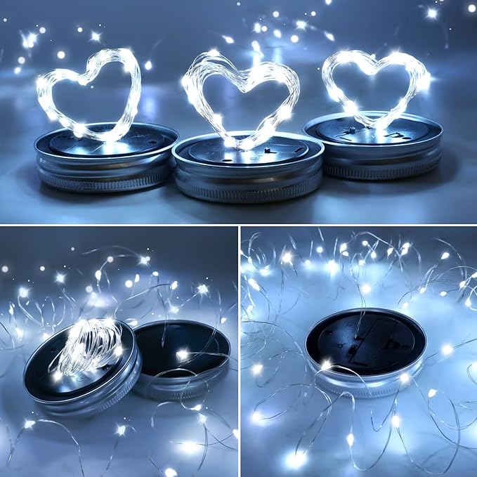 ZNYCYE Solar Mason Jar Lights, 6 Pack 30 LED Waterproof Solar Fairy Firefly Jar Lids String Lights with Hangers(NO Jars) for Outdoor Lawn Patio Garden Yard Wedding Decoration - Cool White