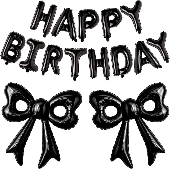 Black Happy Birthday Balloons, 31”Huge Black Bow Aluminum Foil Balloon Banner by BSRESIN
