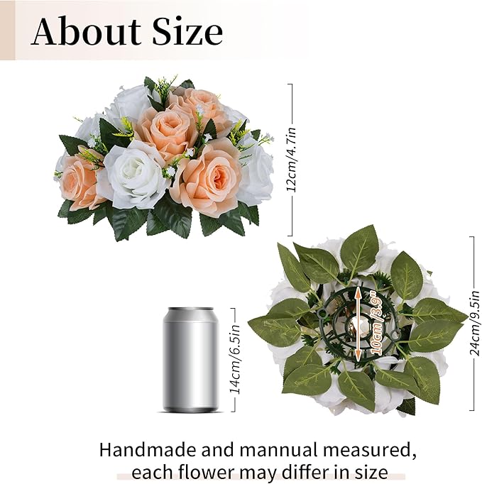 BLOSMON Flower Balls for Wedding Centerpieces: 10pcs Peach Fuzz 9.5 Inch Fake Rose Kissing Ball Decor Artificial Floral Arrangements Silk Bouquet with Base Home Party Room Table DIY Decorations
