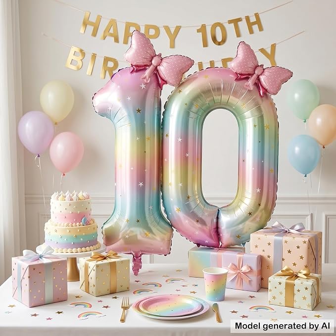 40" Giant Pastel Rainbow Number 10 Balloon Foil Pink Bow Decor Kit | - Image 5