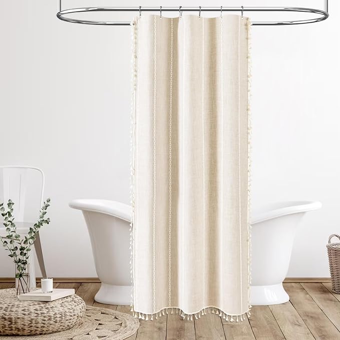 Small Boho Linen Heavy Duty Cloth Shower Curtain, Cream/Beige | Stall Size - Image 6