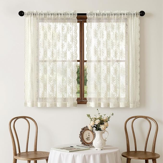 MIULEE Vintage Floral Scalloped Lace Curtains 2 Panels, Ivory 52" W x 45" L | - Image 7