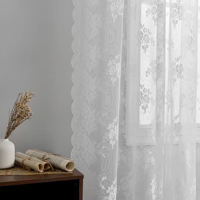 Kotile White Lace Kitchen Curtains Rustic Floral W42 x L45 Inch, 2 Panels | Rod - Image 8