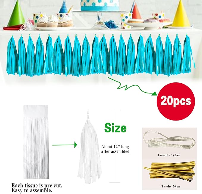 Turquoise Tassel Garland 20 Pcs, Tissue Paper Tassels Garland Banner - Image 2