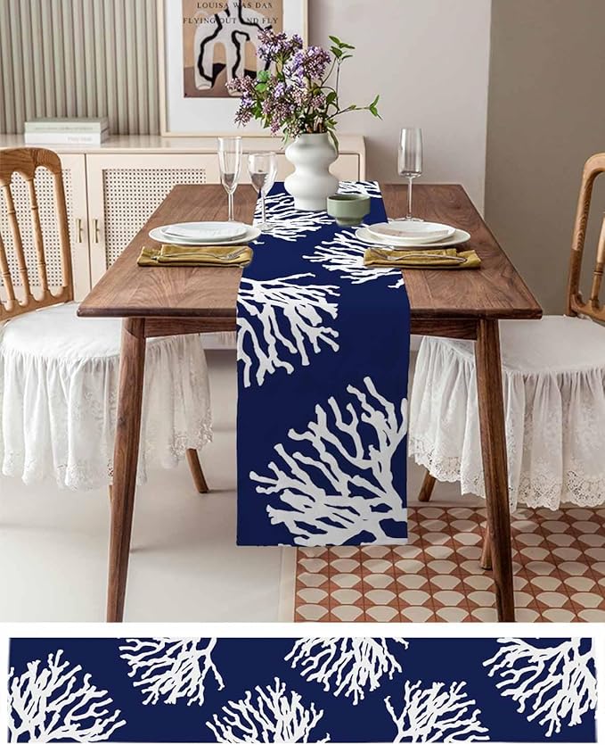 Coastal Coral Cotton Linen Table Runner for Dining Kitchen, Wedding Outdoor Party Tablerunners Decoration, Navy Blue Nautical Ocean Beach Dresser Scarf Coffee Tablecloth Runners 13x120 Inches