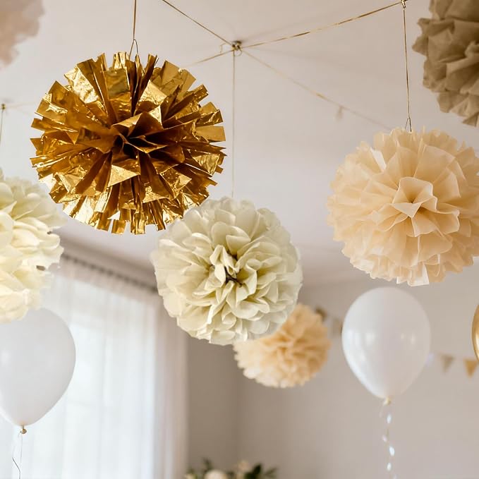 Gold Champagne Gold and Ivory Paper Pom Poms - Image 5