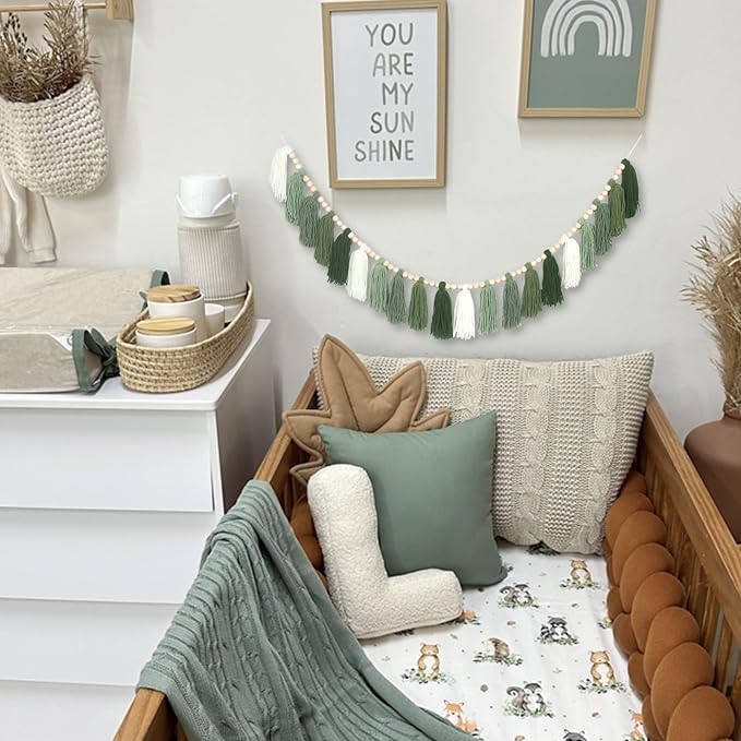 Green Boho Yarn Tassel Garland Sage Green Garland Wall Hanging Decor Forest - Image 4