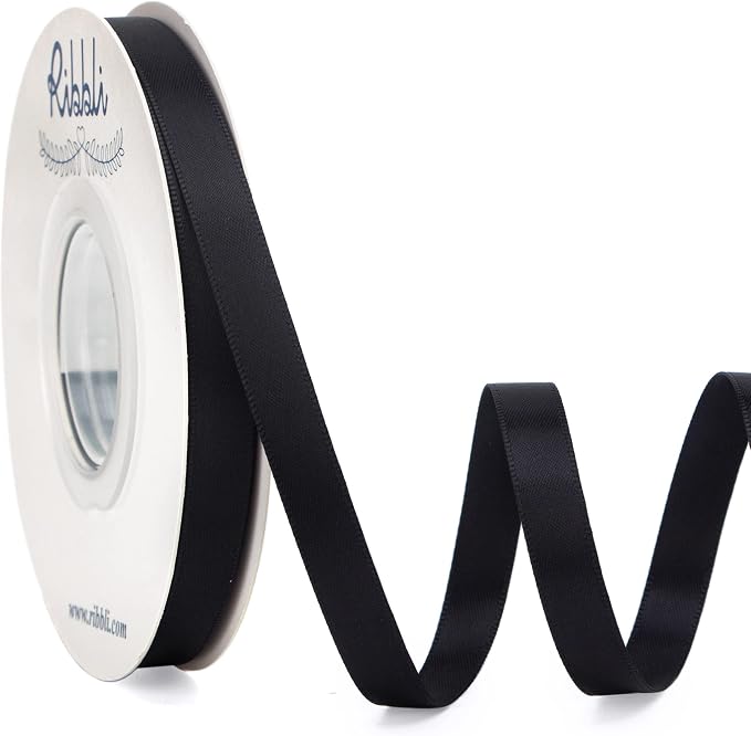 Ribbli Double Faced Black Satin Ribbon, 3/8” x Continuous 25 Yards, Use by Ribbli