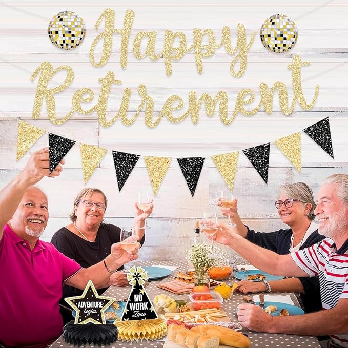 Pre Strung Happy Retirement Banner Party Decorations Gold Black Glitter Sign - Image 4