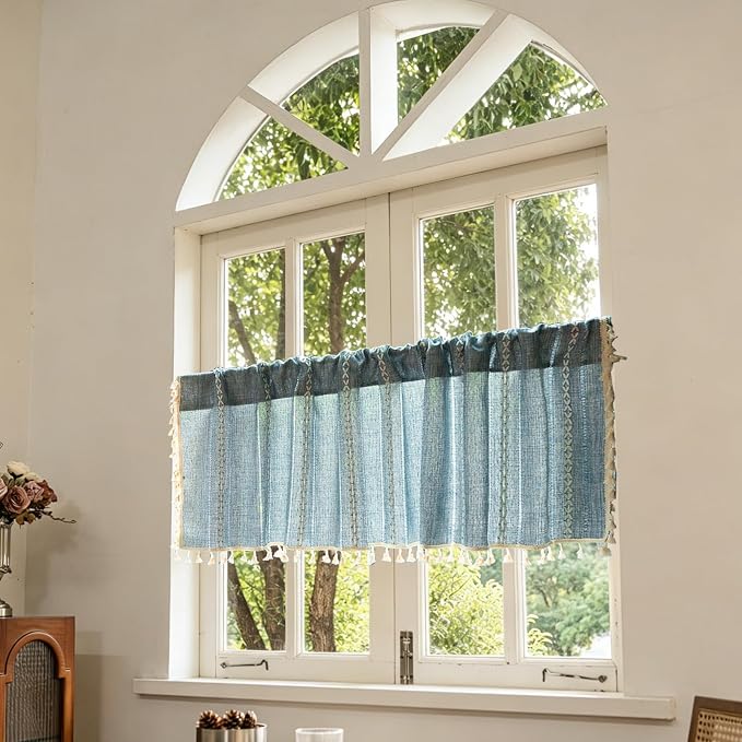 Sutuo Home Blue Boho Curtain 52W x 18L inch White Striped Light Filtering Short - Image 7