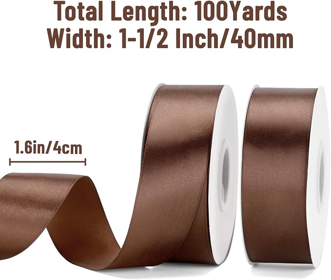 KINGLAKE Brown Satin Ribbon – 1-1/2 Inch x 2 Rolls Brown Ribbon - Image 2