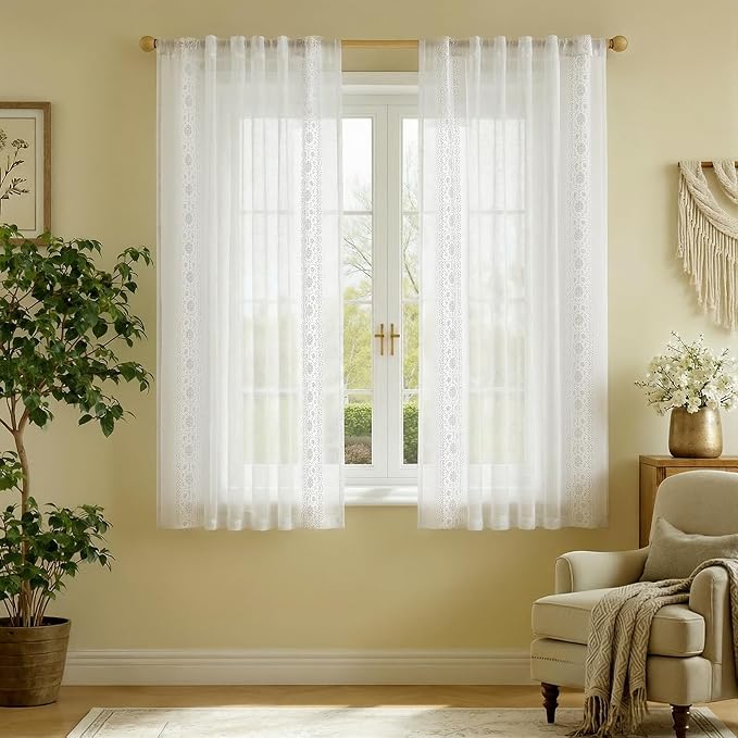 jinchan Floral Sheer Linen Curtains, Back Tab 50x63 Inch, 2 Panels White | Semi - Image 8