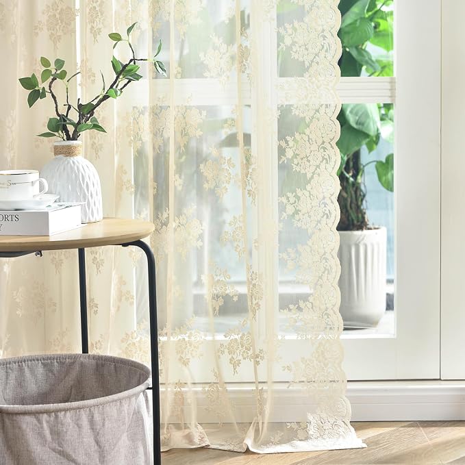Kotile Beige Lace Curtains for Living Room Rustic Floral 52x92 Inch 2-Panel | - Image 5