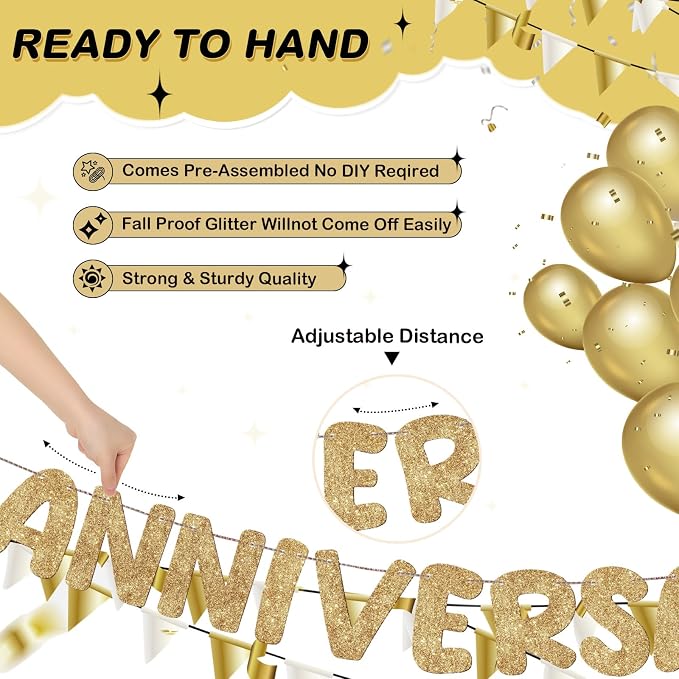 Fulmoon Happy Anniversary Banner Glitter Happy Anniversary Decorations Wedding - Image 3