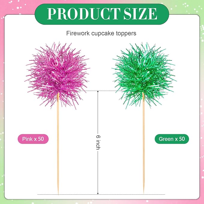 Chinco 100 Pcs Pink and Green Foil Firework Witch Cupcake Toppers Party Favors - Image 2