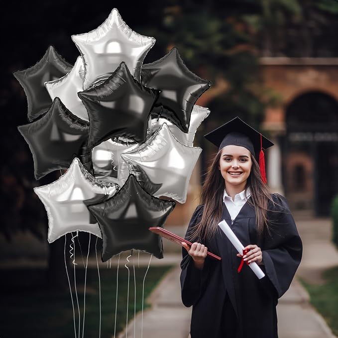 Black Silver Star Foil Balloons, 18 Inch Large Black and Metallic Silver Stars - Image 3