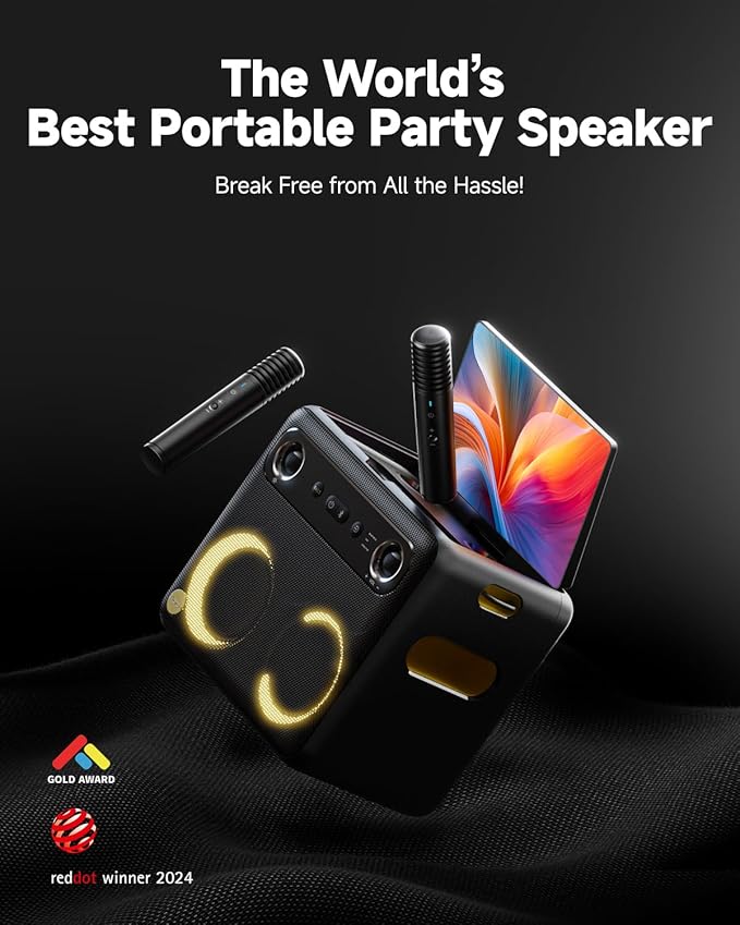 Ikarao Smart Karaoke Machine for Adults - with Lyrics Display, 32GB Karaoke Tablet, 2 Wireless Mics, Professional Karaoke System, 300W Peak Power, 4 DJ Lights, Karaoke Speaker for Any Occasion