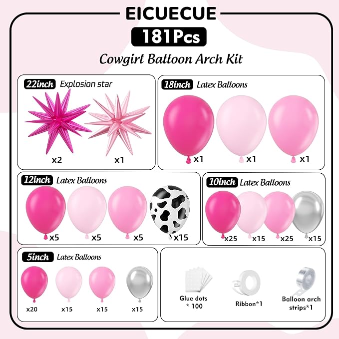 Disco Cowgirl Party Decorations 181Pcs Hot Pink Silver Cowgirl Balloon Arch - Image 2