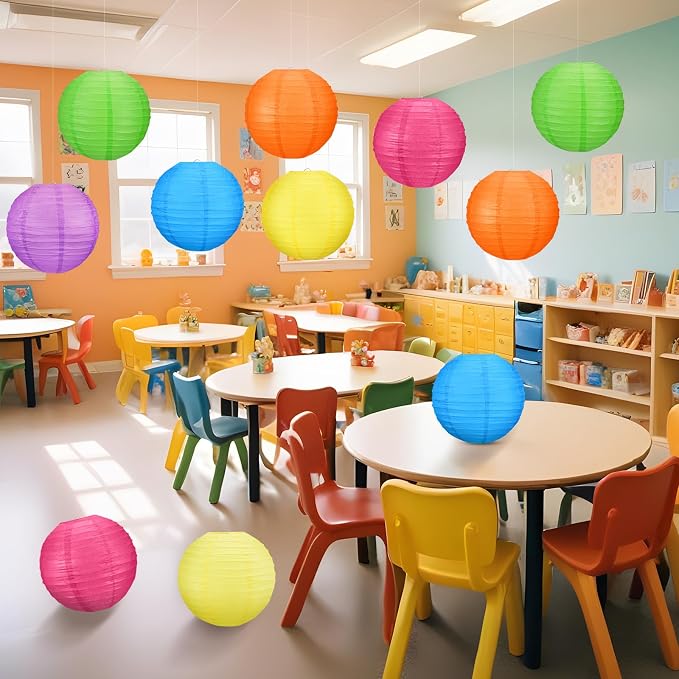 12 Pcs 10 Inch Hanging Paper Lanterns Party Decorations Modern Neon Classroom - Image 5