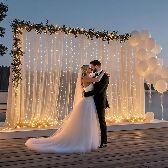 10×8ft Tulle Backdrop Curtains with Lights String - 300LED Fairy Lights Sheer Curtain Backdrop for Weddings Baby Shower and Birthday Party Decorations(6 Panels 5×8ft)