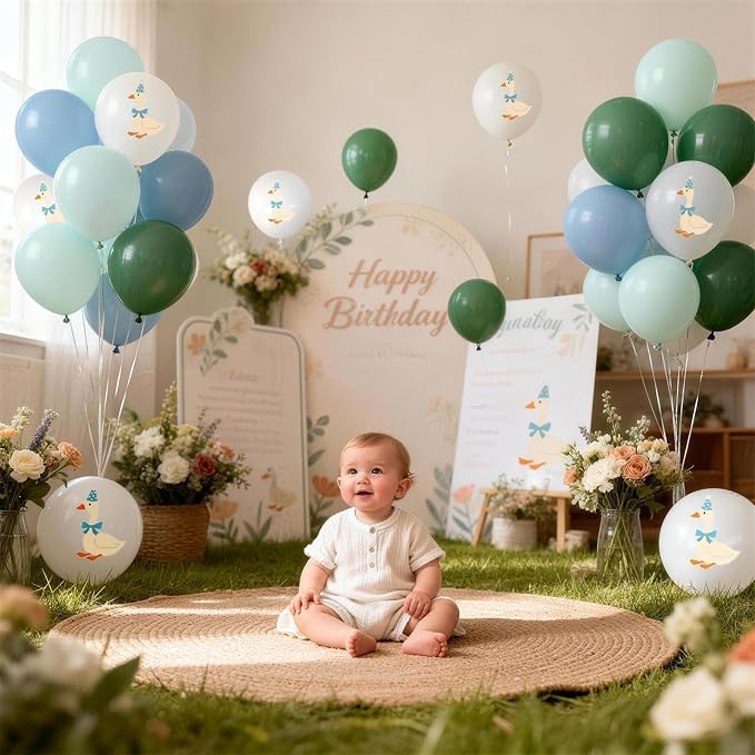 Silly Blue Bow Goose Balloons Set, 12 Inch Pastel Blue Sage Green White Goose - Image 3