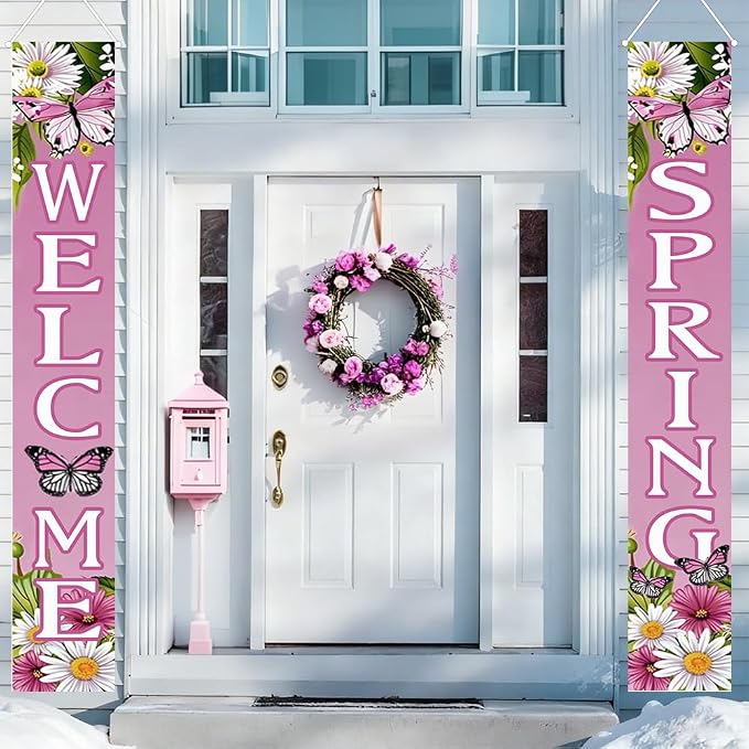 2 Piece Porch Banners 71x12 Inch Welcome Spring Butterfly Decor | Two-piece by yuenengmaoyi