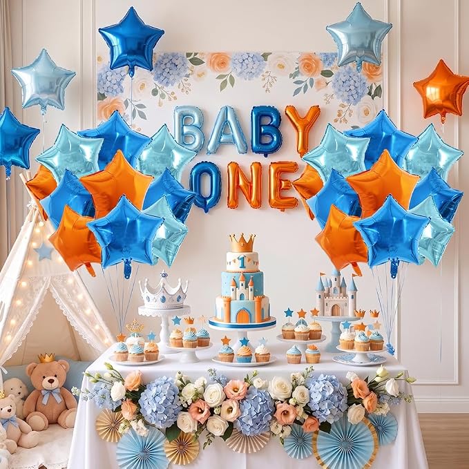 TONIFUL 15 Pack Blue Light Blue Orange Star Foil Balloons | 18 Inch Mylar Star - Image 3