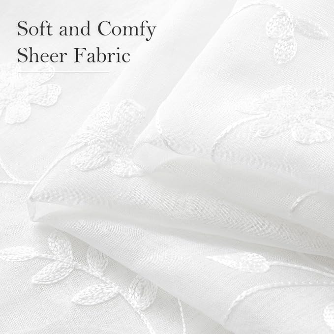 HOMEIDEAS White Sheer Curtains 63 Inch Length 2 Panels White Embroidered Floral - Image 4