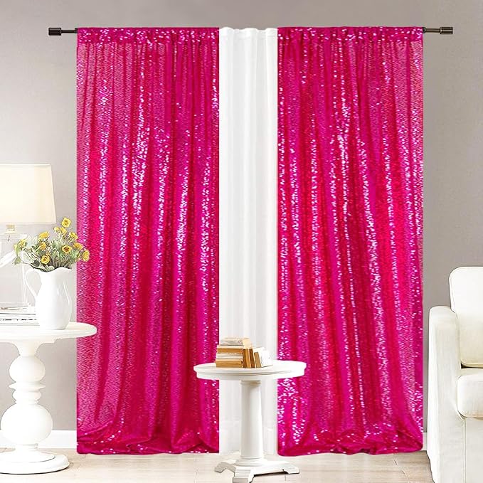 Eternal Beauty Hot Pink Sequin Backdrop Curtains, 2 Panels 2x8FT | 3mm Sparkle - Image 4